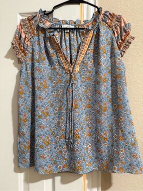 Blue Floral Ruffle Sleeve Boho Blouse